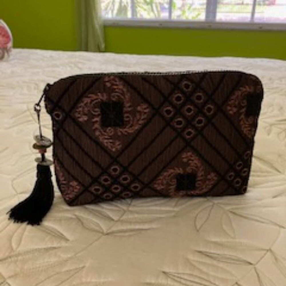 Chico's Brocade Fabric Accessories Bag Black/Brown Color Scheme - Picture 3 of 5